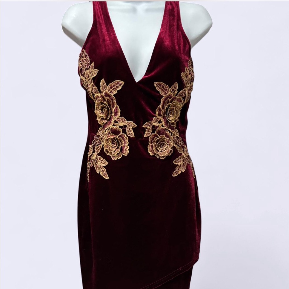 Privy Burgundy Mini Dress with Gold Floral Design